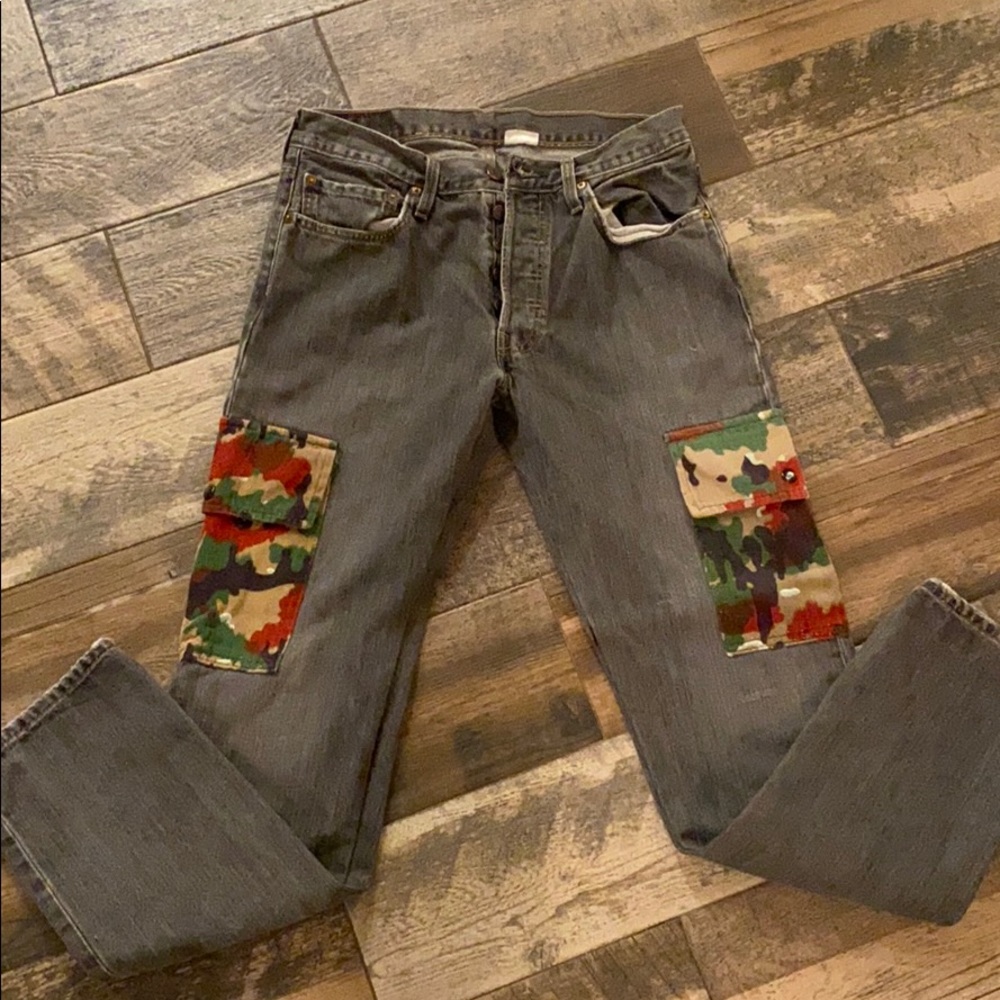 Levi 501s with custom camouflage cargo pockets
